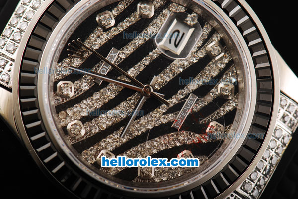 Rolex Datejust Automatic Movement Steel Case with Black/Diamond Dial-Diamond Markers and Black Rubber Strap - Click Image to Close